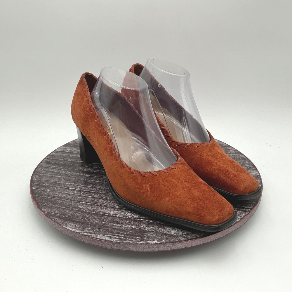 Terry Lewis Pumps Women 9.5 Rust Suede Leather Square Toe Whipstitch Rust Shoes